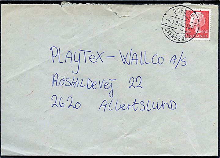 160 øre Margrethe på brev fra Ærøskøbing annulleret med bureaustempel Odense - Svendborg T.2791 d. 9.3.1982 til Albertslund.