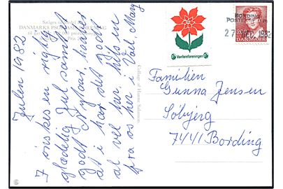 2 kr. Margrethe på julekort annulleret ved ankomst af landpost med trodat-stempel Bording Posteksp. (LP) d. 27.12.1982 til Søbjerg pr. Bording.