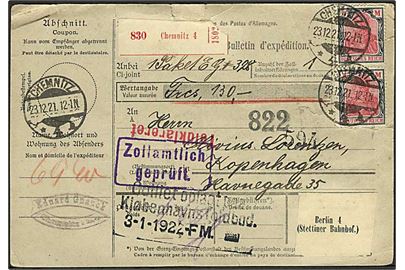 40 pfg. Ciffer, 1 mk., 4 mk. (2) Germania og 20 mk. Plovmand (3-stribe) på for- og bagside af adressekort for pakke fra Chemnitz d. 23.12.1921 til København, Danmark. Nusset.