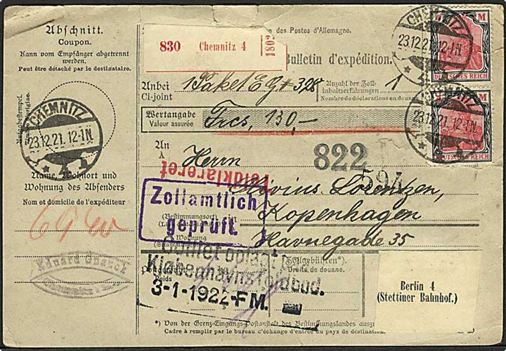 40 pfg. Ciffer, 1 mk., 4 mk. (2) Germania og 20 mk. Plovmand (3-stribe) på for- og bagside af adressekort for pakke fra Chemnitz d. 23.12.1921 til København, Danmark. Nusset.