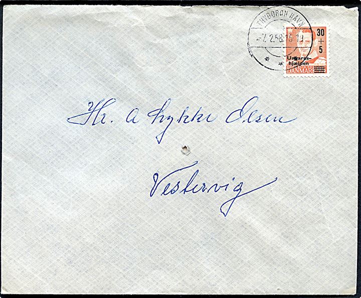 30+5/95 øre Ungarnshjælpen på brev annulleret med brotype IIc Thyborøn Havn d. 7.2.1958 til Vestervig. Bagklap mgl.