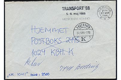 Ufrankeret brev med TMS Transport '88 5.-8. maj 1988 Messecenter Herning/Herning d. 22.3.1988 til København. Returneret med stempel: Modtagelse nægtet / Portoafdelingen / Købmagergades Postkontor. Bagklap mgl.