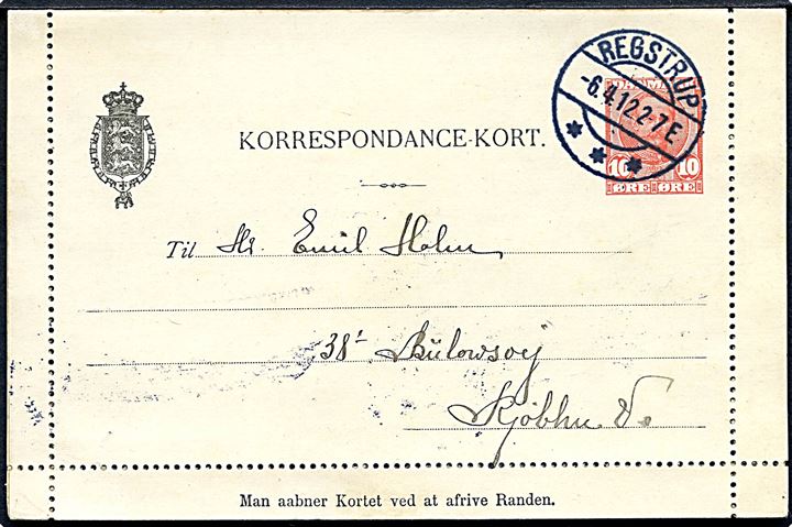 10 øre Fr. VIII helsags korrespondancekort med fuld rand annulleret brotype IIa Regstrup d. 6.4.1912  til København.