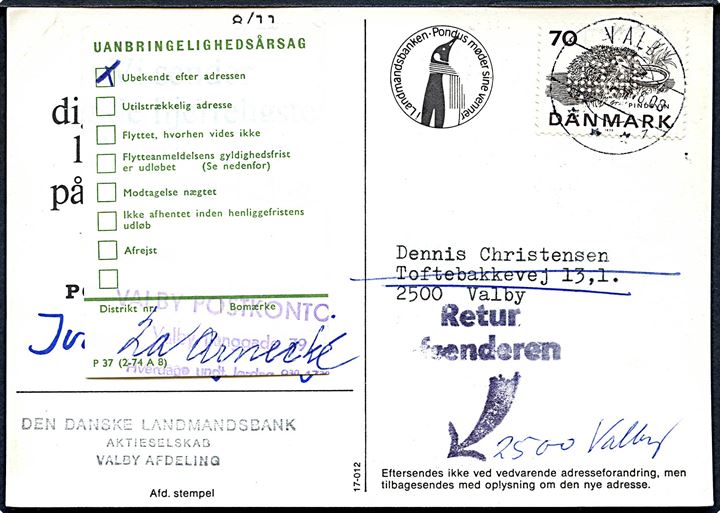 70 øre Truede Dyr med perfin LB på brevkort fra Pondusklubben stemplet Valby 1975. Retur som ubekendt.