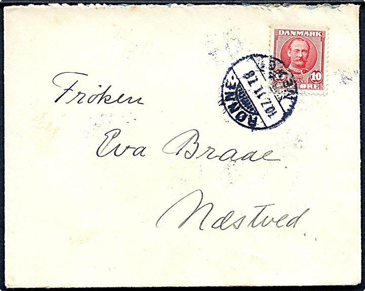 10 øre Fr. VIII på brev annulleret med bureaustempel Rønne - Nexø T.8 d. 10.7.1911 til Næstved.
