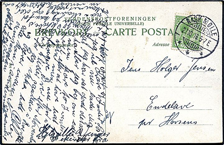 5 øre Chr. X på brevkort annulleret med brotype Ia Rask Mølle d. 27.10.1916 til Endelave pr. Horsens.