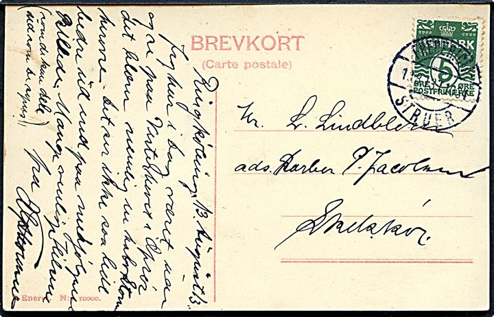 5 øre Bølgelinie på brevkort fra Ringkjøbing annulleret med bureaustempel Fredericia - Struer T.1034 d. 13.8.1913 til Skelskør.