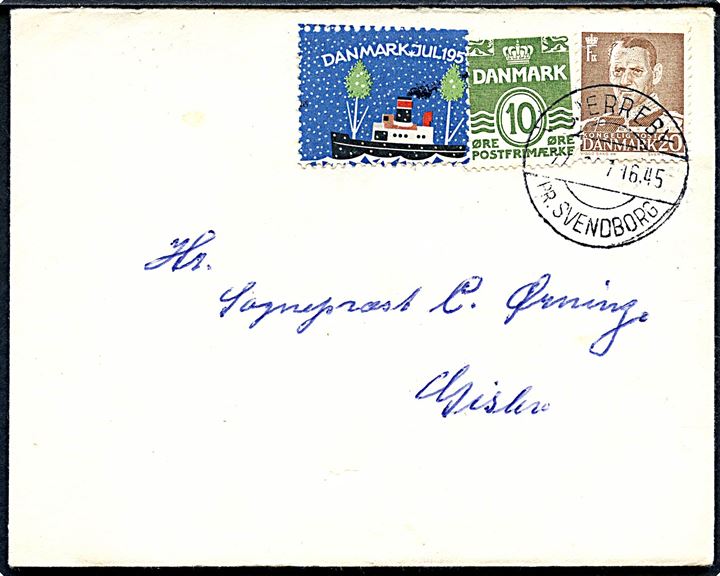 10 øre Bølgelinie, 20 øre Fr. IX og Julemærke 1957 på brev annulleret med pr.-stempel Bjerreby pr. Svendborg d. 27.12.1957 til Gislev.