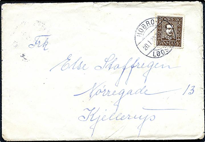 20 øre Chr. X Postjubilæum på brev annulleret med bureaustempel Hobro - Løgstør T.1129 d. 20.1.1925 til Kjellerup.