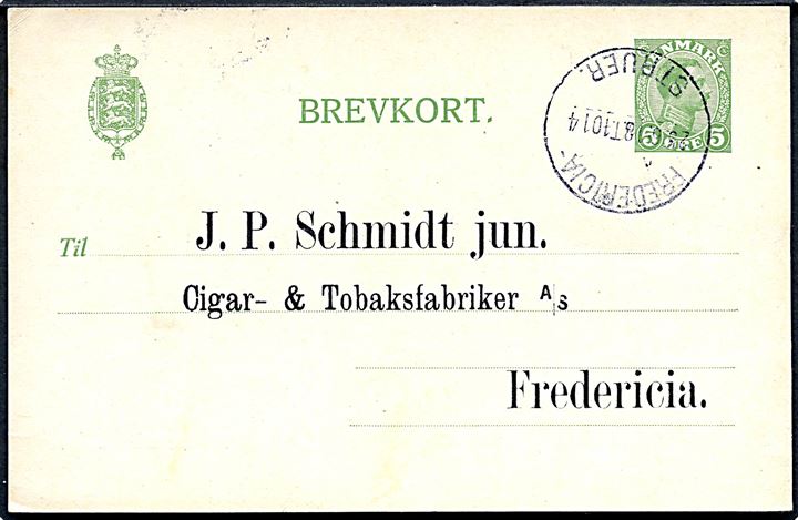 5 øre Chr. X helsagsbrevkort fra Gaarde pr. Tistrup annulleret med bureaustempel Fredericia - Struer. T.1014 d. 25.6.1918 til Fredericia.