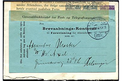 4 øre (2) og 7 øre Bølgelinie på brev fra Helsingør 1938 til København. Ubekendt og returneret via Returpostkontoret med blå forespørgsels-etiket fra Brevaabningskontoret d.17.10.1938.