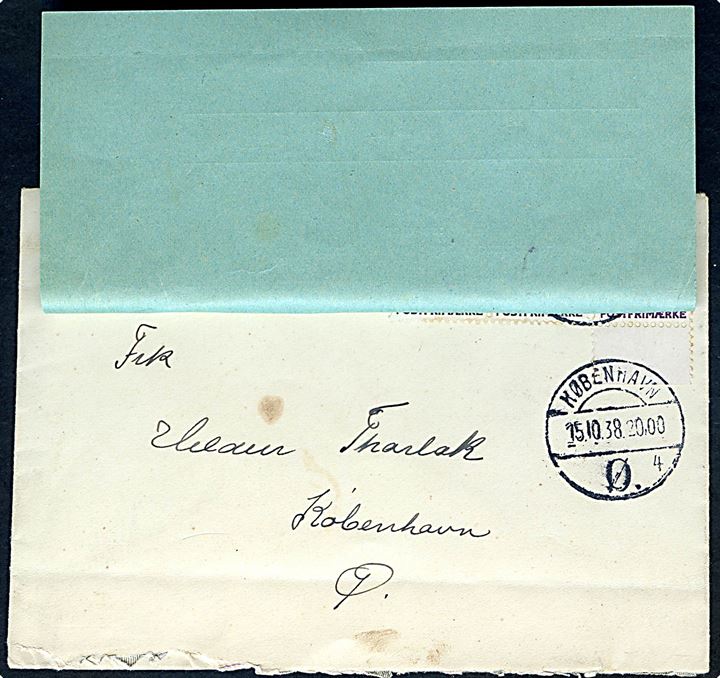 4 øre (2) og 7 øre Bølgelinie på brev fra Helsingør 1938 til København. Ubekendt og returneret via Returpostkontoret med blå forespørgsels-etiket fra Brevaabningskontoret d.17.10.1938.
