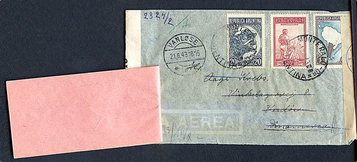 Argentinsk luftpostbrev fra Monte Ralo 1943 til Vanløse, Danmark. Åbnet af både amerikansk og tysk censur. Ubekendt og forespurgt via Returpostkontoret med 2-sproget returetiket J. Form. Nr. 32 (2/6 22) Flyttet hvorhen vides ikke. 