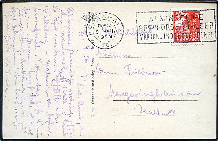 15 øre Karavel på brevkort annulleret med TMS København K./Almindelige Brevforsendeler maa ikke indeholde Penge d. 9.8.1929 Rest 3 til Tyskland.