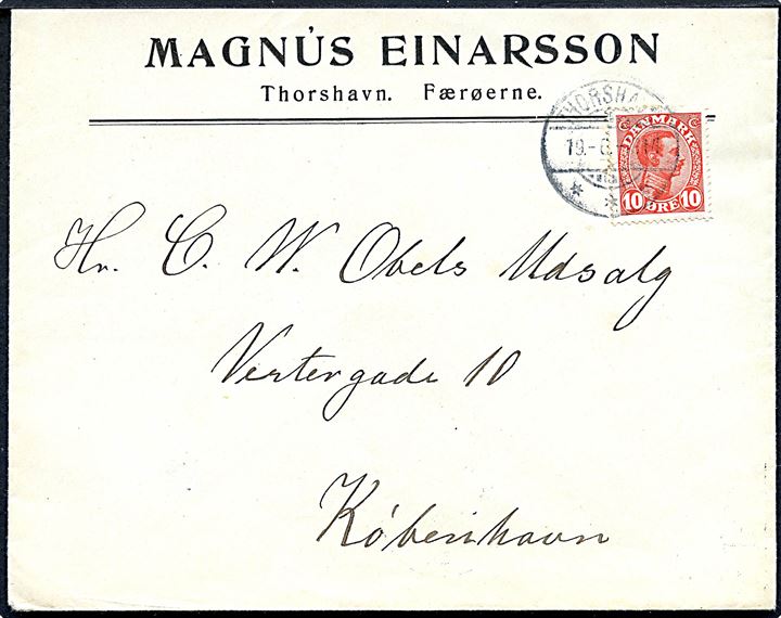 10 øre Chr. X på fortrykt kuvert fra firma Magnus Einarsson annulleret med brotype Ig Thorshavn d. 19.6.1914 til København. Ank.stemplet i Kjøbenhavn d. 28.6.1914.