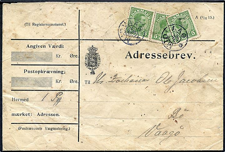 5 øre Chr. X (3) på adressebrev for pakke fra Tjaldur Apoteket annulleret med stjernestempel MIDVAAG til Bø på Vaagø. Udateret, men fra omkring 1918. Noget slidt forsendelse.
