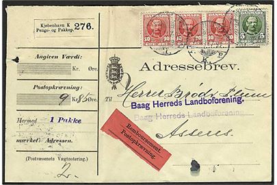 5 øre og 10 øre (3-stribe) Fr. VIII på 35 øre frankeret adressebrev for pakke med opkrævning fra Kjøbenhavn d. 11.11.1911 til Assens.