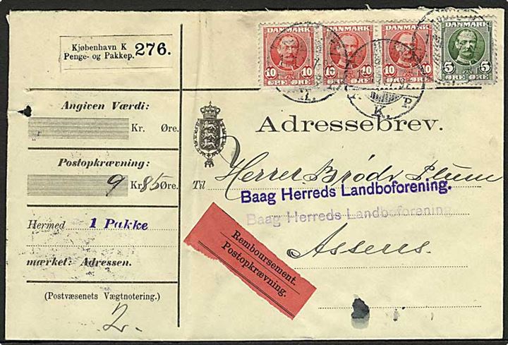 5 øre og 10 øre (3-stribe) Fr. VIII på 35 øre frankeret adressebrev for pakke med opkrævning fra Kjøbenhavn d. 11.11.1911 til Assens.
