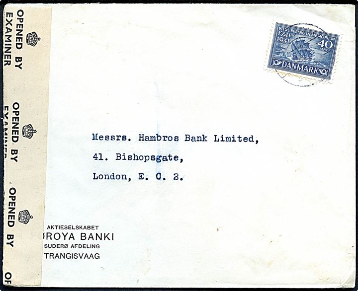 40 øre Vitus Bering på brev fra Trangisvaag med svag dato d. 19.4.1945 til London, England. Åbnet af britisk censur PC90/9660.