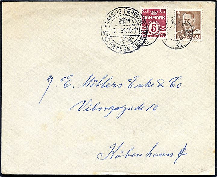 5 øre Bølgelinie og 20 øre Fr. IX på brev annulleret med udslebet stjernestempel SVINØ og sidestemplet med klipfiskstempel Klaksvig Færøerne d. 13.1.1951 til København.