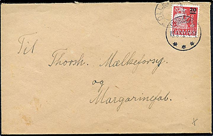 20/15 øre Provisorium på brev annulleret med udslebet stjernestempel KOLLEFJORD og sidestemplet Thorshavn d. 17.1.1941 til Thorshavn.