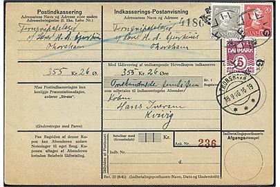 5 øre Bølgelinie, 20 øre og 50 øre Chr. X på retur Indkasserings-Postanvisning annulleret med udslebet stjernestempel KVIVIG og sidestemplet Thorshavn d. 18.9.1946.
