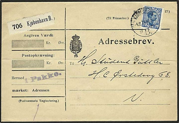 20 øre Chr. X single på adressebrev for lokalpakke i Kjøbenhavn d. 4.12.1918.