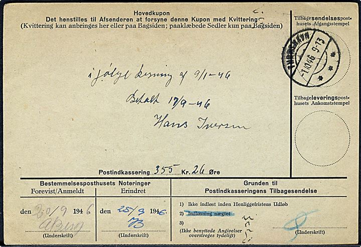 5 øre Bølgelinie, 20 øre og 50 øre Chr. X på retur Indkasserings-Postanvisning annulleret med udslebet stjernestempel KVIVIG og sidestemplet Thorshavn d. 18.9.1946.