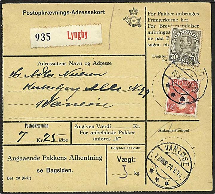 20 øre og 50 øre Chr. X på Postopkrævnings-Adressekort fra Lyngby d. 23.8.1944 til Vanløse.