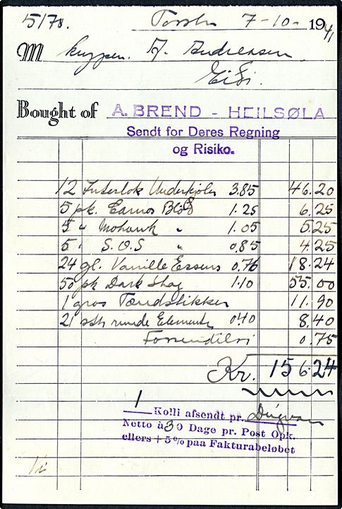 Ufrankeret privatbefordret brev med indhold fra firma A. Brend - Heilsøla d. 7.10.1941 med regning for varer til Eidi sendt med Thorshavns Mælkeforsyning & Margarinefabrik dampskib S/S Dugvan.
