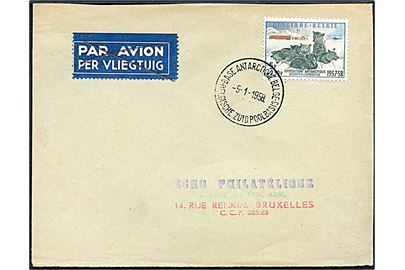 5 fr. Antarktis Ekspedition udg. på luftpostbrev annulleret Base Antarctique Belge d. 5.1.1958 til Bruxelles, Belgien.