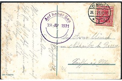 40 pfg. Germania på brevkort (Atlanterhavsdamper i Cuxhaven) stemplet Cuxhaven d. 26.7.1921 og sidestemplet Auf hoher See / 26 JUL 1921 til Nünchritz bei Riesa.