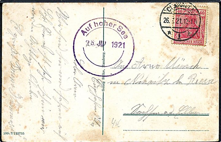 40 pfg. Germania på brevkort (Atlanterhavsdamper i Cuxhaven) stemplet Cuxhaven d. 26.7.1921 og sidestemplet Auf hoher See / 26 JUL 1921 til Nünchritz bei Riesa.