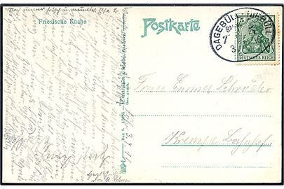 5 pfg. Germania på brevkort annulleret med ovalt bureaustempel Dagebüll - Niebüll Bahnpost Zug 5 d. 3.7.1916 til Krempe.