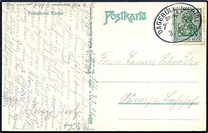 5 pfg. Germania på brevkort annulleret med ovalt bureaustempel Dagebüll - Niebüll Bahnpost Zug 5 d. 3.7.1916 til Krempe.