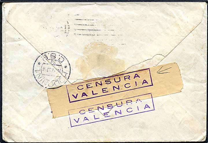 5 sts. (par), 25 cts. og 1 pta. på luftpostbrev fra Castellón d. 20.4.1938 til Hodonin, Tjekkoslovakiet. Åbnet af spansk censur i Valencia. 