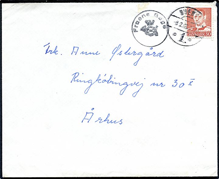 30 øre Fr. IX på brev annulleret Odense 1 d. 8.2.1960 og sidestemplet med posthornstempel Fruens Bøge til Århus.