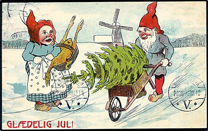 Ludvig Møgelgaard: Glædelig Jul. Nisser med juletræ og gås. Mølle ses i baggrunden. U/no. 