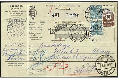 5 øre Bølgelinie og 60 øre Chr. X i parstykke på 135 øre frankeret internationalt adressekort for pakke fra Tønder d. 4.8.1922 via Niebüll og Basel til Zürich, Schweiz.