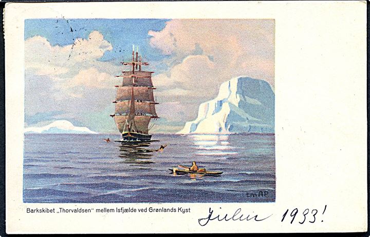 Emanuel Petersen: Grønlands kyst. Barkskibet Thorvaldsen mellem isfjælde. Stenders, serie 60. 