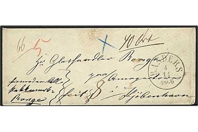 1866. Ufrankeret pakkefølgebrev med antiqua stempel Randers d. 4.12.1866 til Kjøbenhavn. Flere påtegninger.