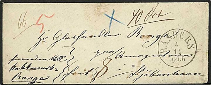 1866. Ufrankeret pakkefølgebrev med antiqua stempel Randers d. 4.12.1866 til Kjøbenhavn. Flere påtegninger.