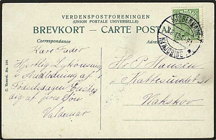 5 øre Chr. X på brevkort annulleret med bureaustempel Kjøbenhavn - Nykjøbing F. T.91 d. 3.6.1915 til Nakskov.