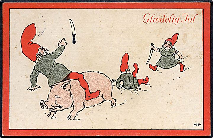 A. A.: Glædelig Jul. Nisser jagter gris. Ed. F. Ph. no. 2546/10. Frankeret med 7 øre Chr. X annulleret brotype IIIb Roslev d. 28.12.1919.