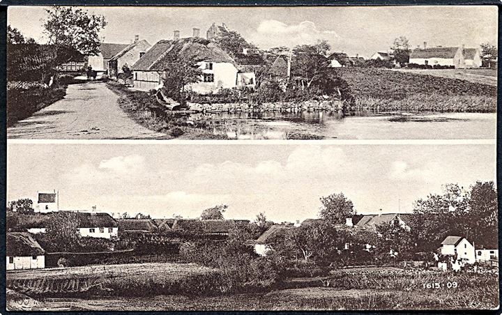 Parti med huse og kirke. Sted ukendt. Fot. N. P. Petersen, Bælum no. 1615 - 09. 
