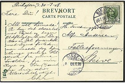 5 øre Fr. VIII på brevkort (Faaborg kirke) dateret Slukefter og annulleret med bureaustempel Ringe - Faaborg T.35 d. 30.7.1908 til Skive.