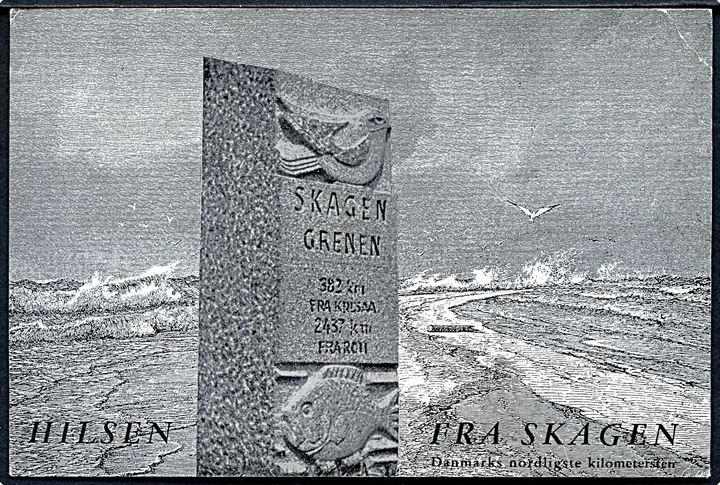 Skagen, Danmarks nordligste kilometersten. Mathiassens Bogtrykkeri u/no.