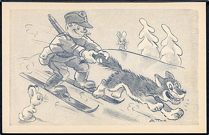 Tilgmann, Arnold: Soldat står på ski efter ulv. Sarja Talvisotilas u/no.