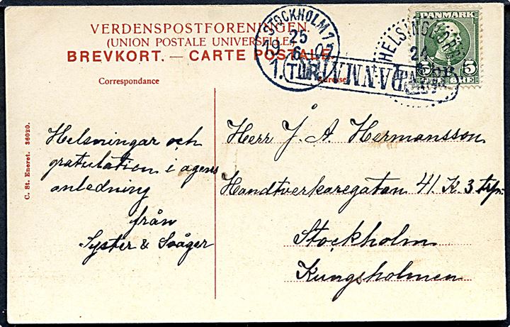 5 øre Chr. IX på brevkort fra København annulleret med svensk stempel i Helsingborg d. 24.6.1907 og sidestemplet Från Danmark til Stockholm, Sverige.