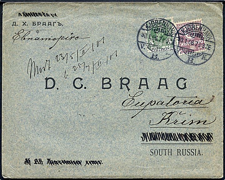 5 øre Chr. IX og 15 øre Bølgelinie på brev fra Kjøbenhavn d. 30.1.1906 til Krim, Rusland.